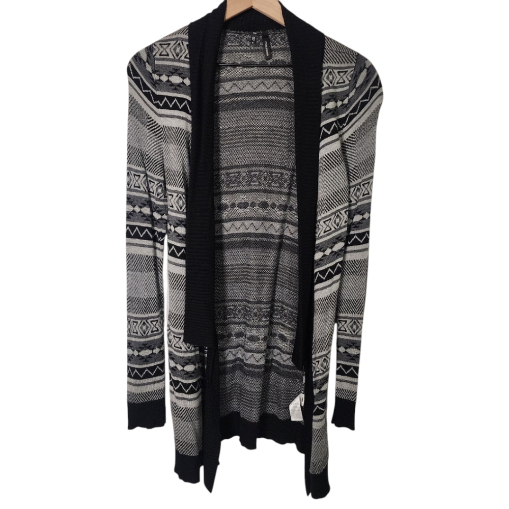 Maurices Womens Small Open Front Shawl Collar Aztec Print Cardigan Black Gray